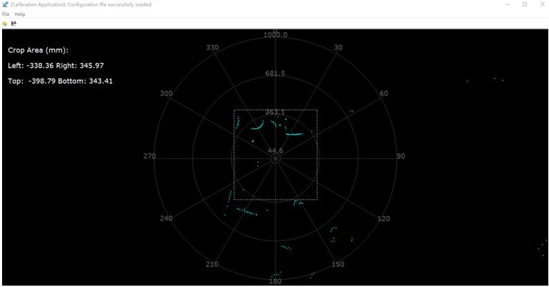 加載了配置文件后雷達(dá)會開始轉(zhuǎn)動并掃描，calibration_app中也出現(xiàn)了雷達(dá)掃描點(diǎn)。通過拖動白色虛線框來調(diào)整需要的Touch Area大小及位置。