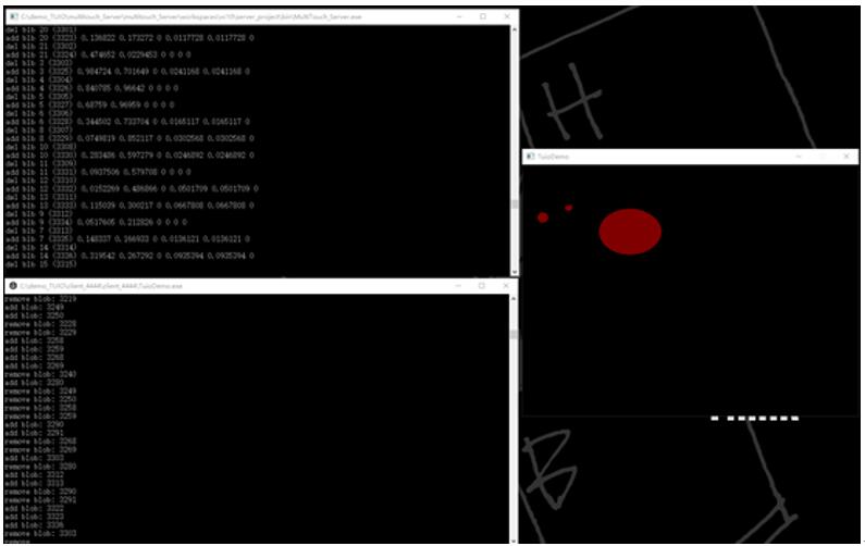 此時在client和server的console中會不斷打印add和remove blob操作，顯示界面中出現(xiàn)觸摸點